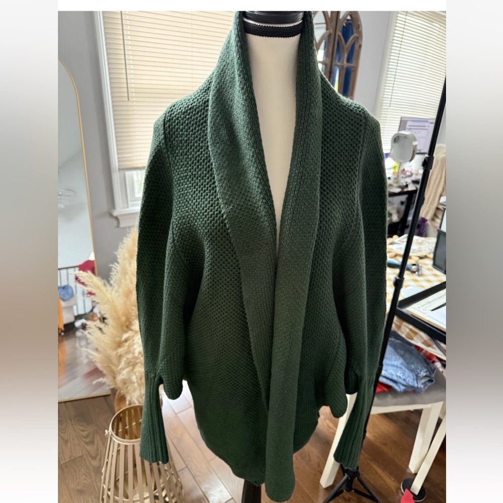 Olive Green Shawl-Collar Open Cardigan Knit Sweater
